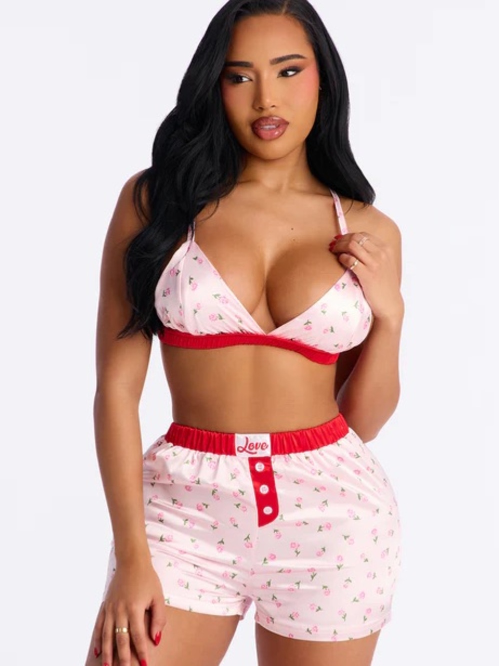 Fashion Nova Pink Floral Bralette & Short Set with Red Trim